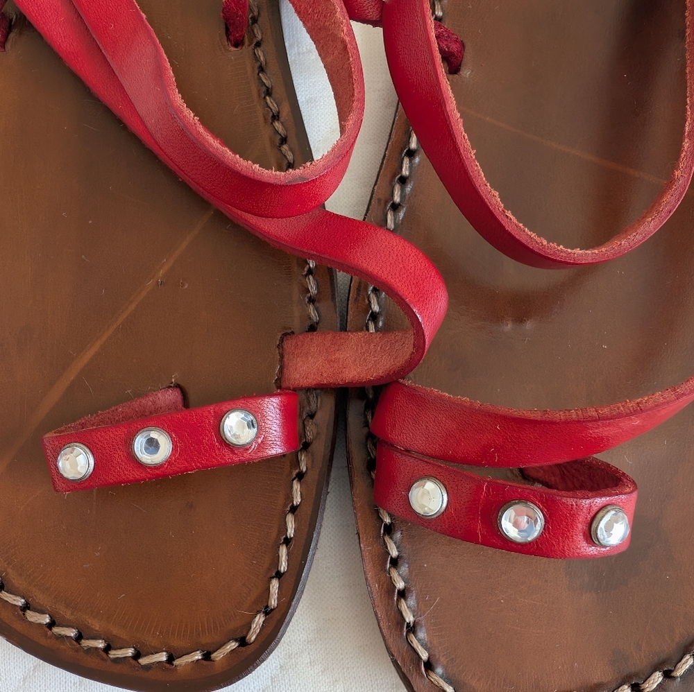 Spaziomoda Red Leather Lace-Up Strappy Gladiator Sandal, diamond studs, size 7.5 - Picture 8 of 15